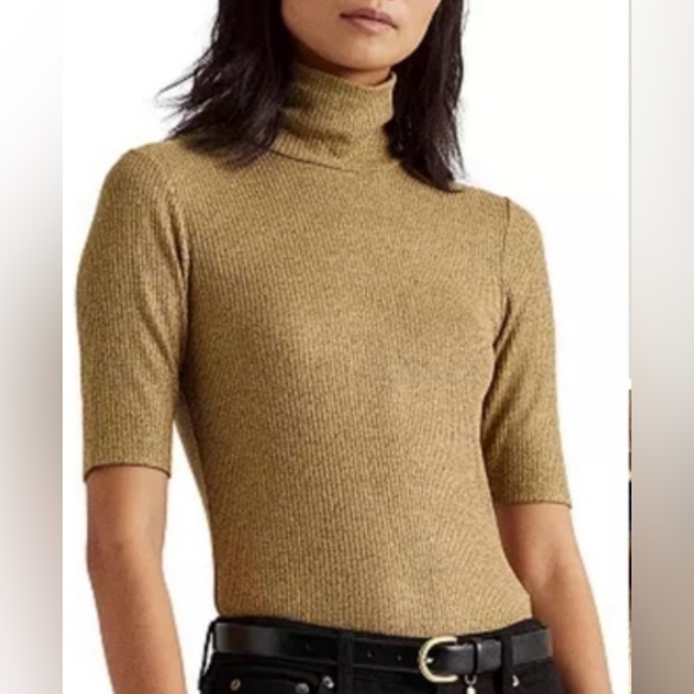 Lauren Ralph Lauren Gold Metallic Turtleneck  Stretch Ribbed Pullover Top Size L